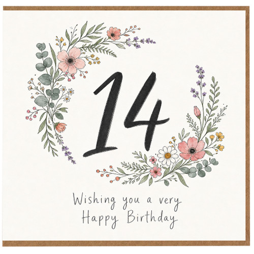 14th Birthday Card, Floral Wreath Happy Birthday Card