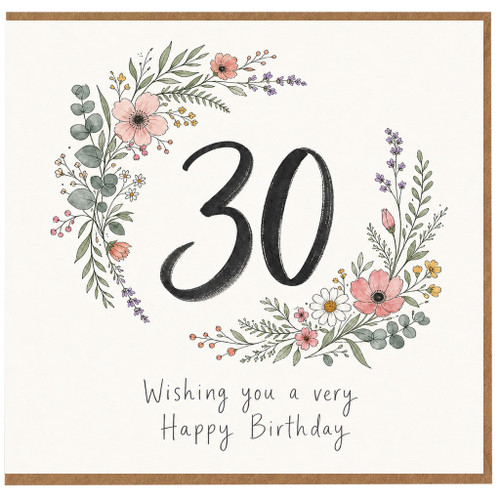 30th Birthday Card Floral Wreath Happy Birthday Card