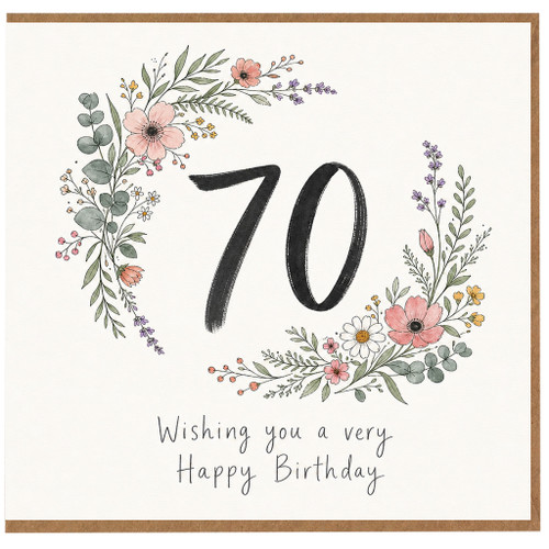 70th Birthday Card, Floral Wreath Happy Birthday Card