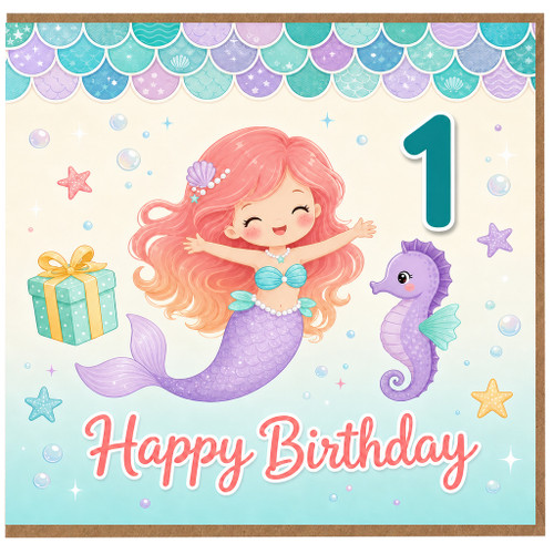 1st Birthday Card for Girl, Mermaid Happy Birthday Card