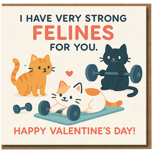 Cute Workout Cats Valentine's Day Card - I Have Very Strong Felines for You - Funny Pun Card for Cat Lovers, Partner, Boyfriend or Girlfriend