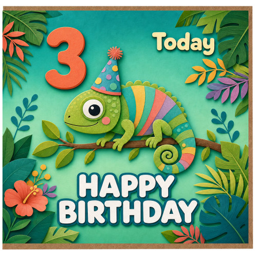 3rd Birthday Card, Happy Birthday Chameleon Tropical Party Card