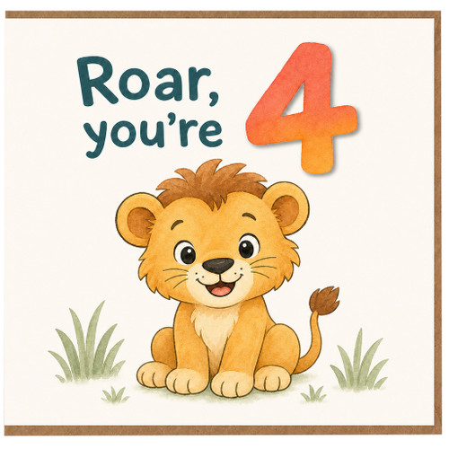 4th Birthday Card for Boy or Girl, Roar You're 4 Lion Cub Card