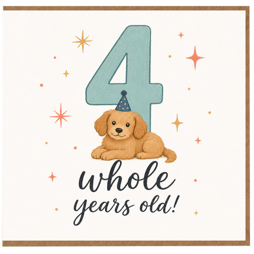 4th Birthday Card Cute Puppy Party Hat 4 Whole Years Old