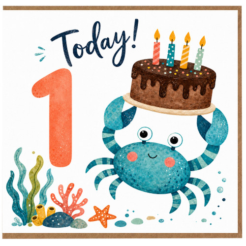 1st Birthday Card Cute Crab Holding Birthday Cake