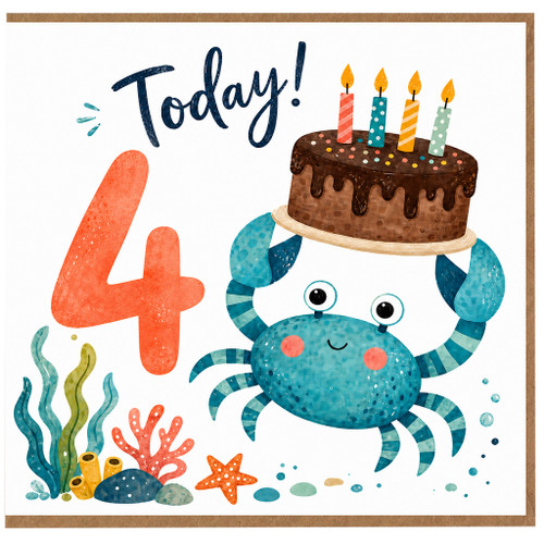4th Birthday Card, Cute Crab Birthday Card