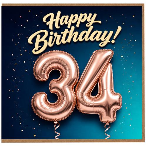 34th Birthday Card, Happy Birthday 34 Card, Rose Gold Balloon Number Birthday Card