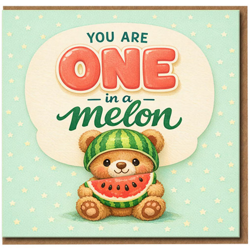 You Are One in a Melon Cute Bear Card - Punny Love/Anniversary Greeting for Partner, Friend or Loved One - Watermelon Teddy Illustration - Sweet Appreciation Card - Blank Inside