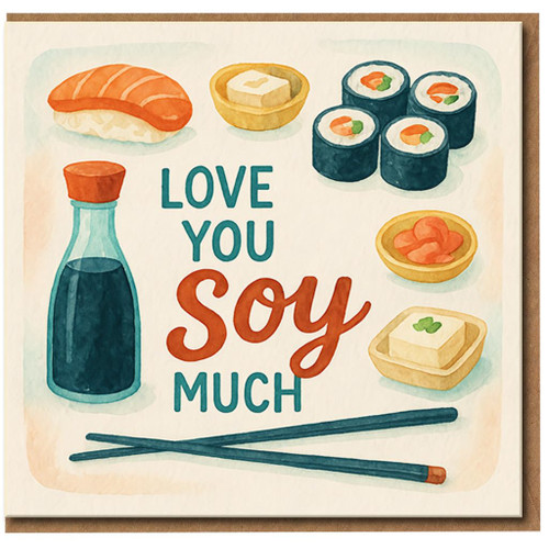 Love You Soy Much Sushi Pun Greeting Card - Cute Anniversary or Valentine's Card for Partner, Boyfriend or Girlfriend - Sushi and Soy Sauce Illustration - Blank Inside