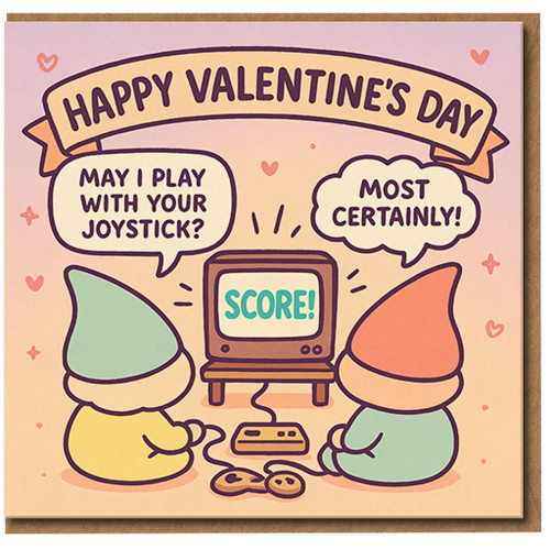 Funny Valentine's Day Card for Partner, Gamer Couples - 'May I Play With Your Joystick?' Retro Video Game Gnomes - Cheeky Love Card for Boyfriend, Girlfriend, Husband or Wife