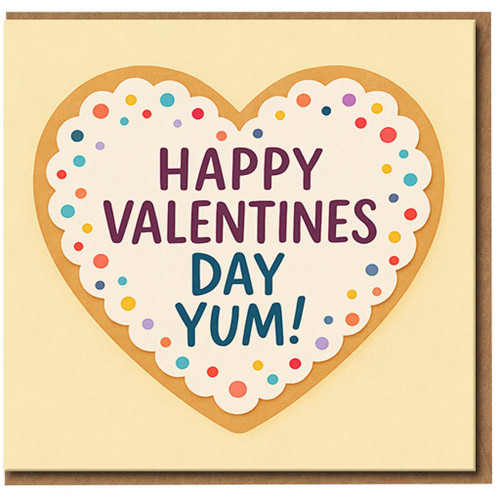 Valentine's Day Card - Heart Biscuit Design with Sprinkles - 'Happy Valentines Day Yum!' - Cute Funny Food Pun for Him or Her