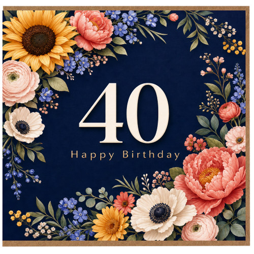 40th Birthday Card, Floral Happy Birthday Card