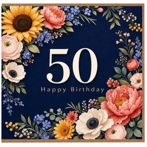 50th Birthday Card, Floral Happy Birthday Card