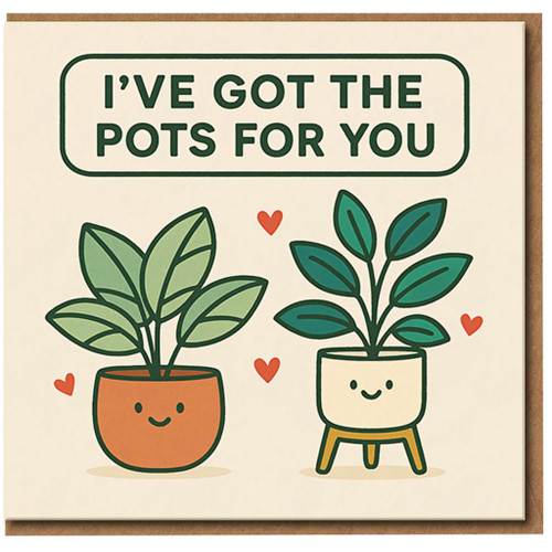 I've Got The Pots For You - Funny Plant Pun Love/Anniversary Card, Cute Houseplant Illustration, Romantic Card for Partner or Valentine, Blank Inside with Envelope