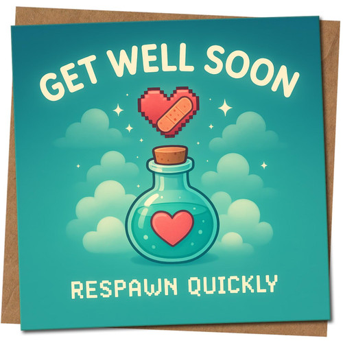 Funny Get Well Soon Card - Retro Gamer Pixel Heart & Health Potion, 'Respawn Quickly' Design, 145mm x 145mm, Includes Kraft Envelope