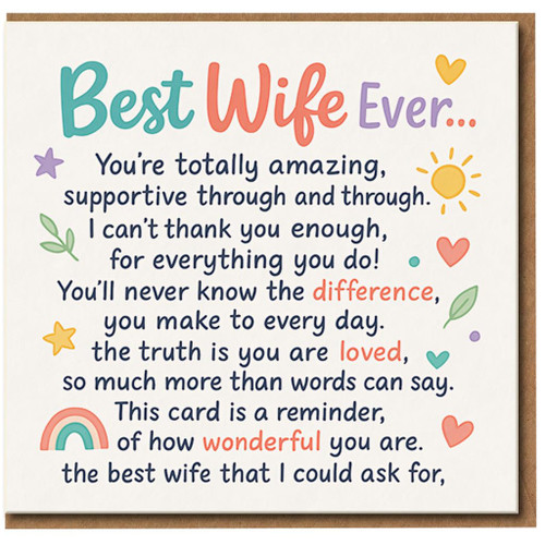 Best Wife Ever Greeting Card - Heartfelt Wife Appreciation Card with Cute Rainbow and Hearts - Anniversary, Valentine’s Day or Just Because - For from Husband or Partner