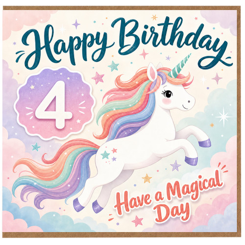 4th Birthday Card for Girl, Magical Unicorn Happy Birthday Card