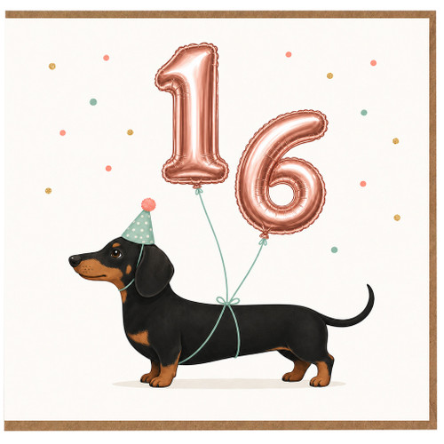 16th Birthday Card, Dachshund Dog with Party Hat and Balloons