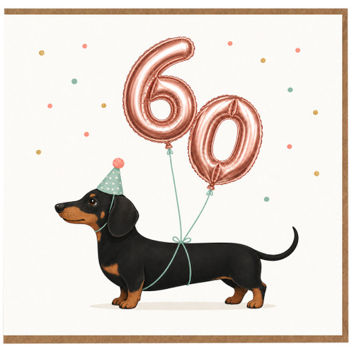 60th Birthday Card for Dog Lover, Cute Dachshund Balloon Card