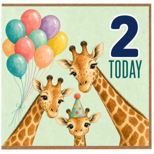 2nd Birthday Card for Boy or Girl, Cute Giraffe Balloon Party Card