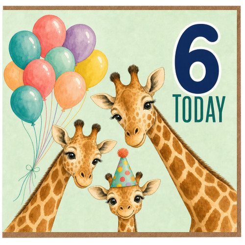 6th Birthday Card, Cute Giraffe Party Card for Boy or Girl