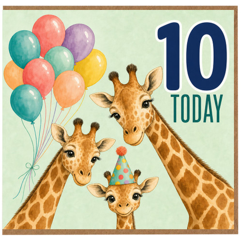10th Birthday Card for Boy or Girl, Cute Giraffe Party Card