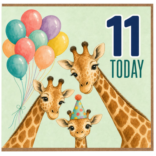 11th Birthday Card, Cute Giraffe Balloon Party Card