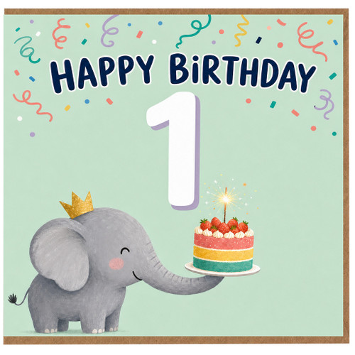 1st Birthday Card, Cute Elephant Happy Birthday Card