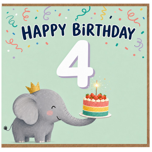 4th Birthday Card, Cute Elephant and Birthday Cake Card