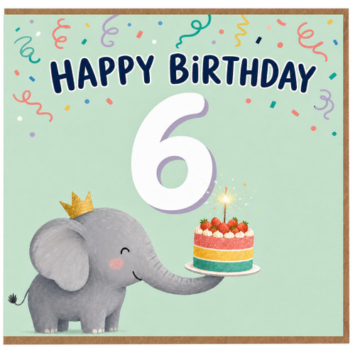 6th Birthday Card Cute Elephant and Cake Card