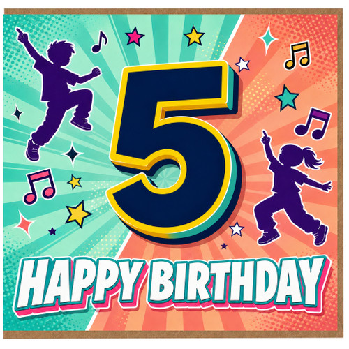 5th Birthday Card, Colourful Dancing Kids Happy Birthday Card