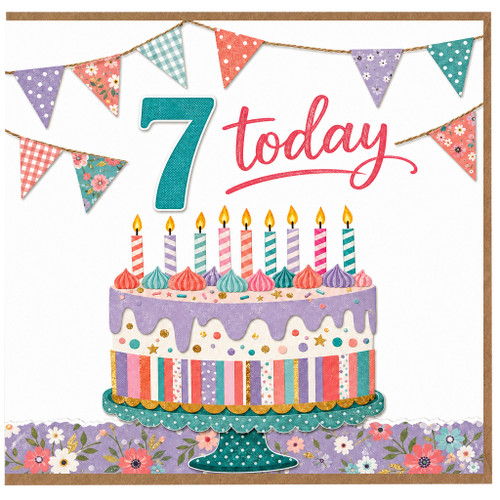 7th Birthday Card, Today Birthday Cake and Bunting Design