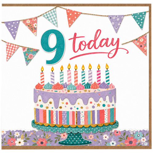 9th Birthday Card, Colourful Cake and Bunting Design