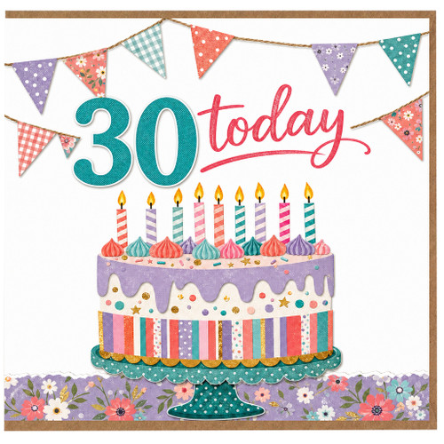 30th Birthday Card, 30 Today Cake and Bunting Card