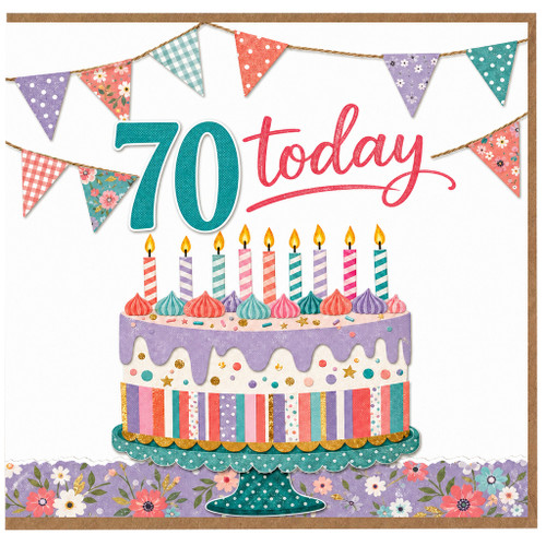 70th Birthday Card, 70 Today Birthday Card with Cake and Bunting