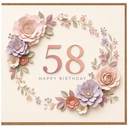 58th Birthday Card, Elegant Floral Wreath Happy Birthday Card