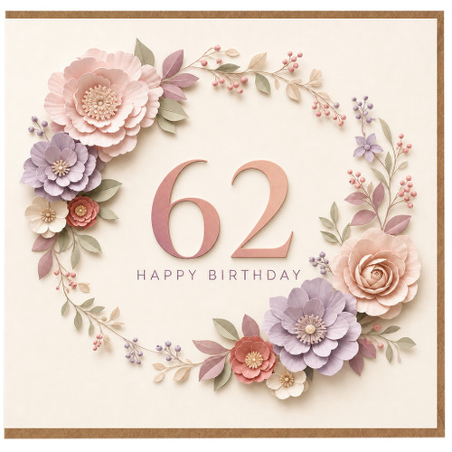 62nd Birthday Card Floral Wreath Happy Birthday Card