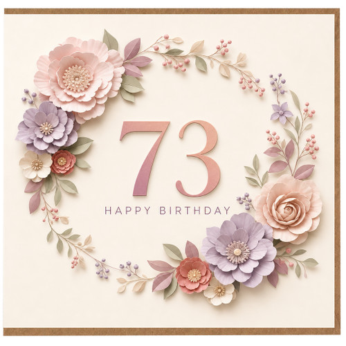 73rd Birthday Card, Floral Wreath Happy Birthday Card
