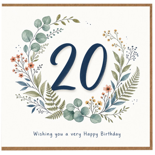 20th Birthday Card, Floral Wreath Happy Birthday Card