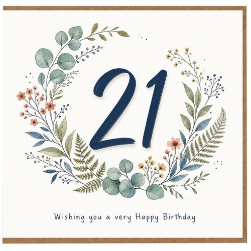 21st Birthday Card, Floral Wreath Happy Birthday Card