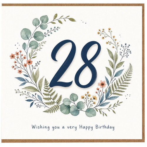 28th Birthday Card Floral Wreath Happy Birthday Card