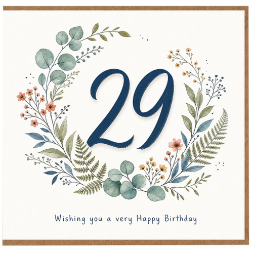 29th Birthday Card, Floral Wreath Happy Birthday Card