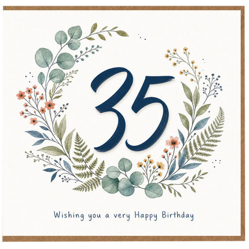 35th Birthday Card, Floral Wreath Happy Birthday Card