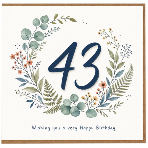 43rd Birthday Card, Floral Wreath Happy Birthday Card