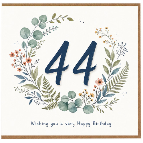 44th Birthday Card, Floral Wreath Happy Birthday Card
