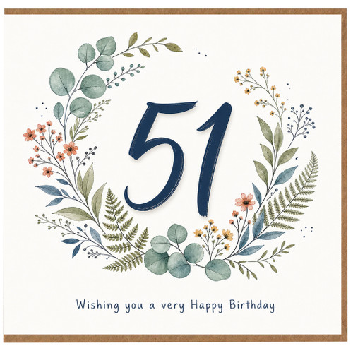 51st Birthday Card Floral Wreath Happy Birthday Card