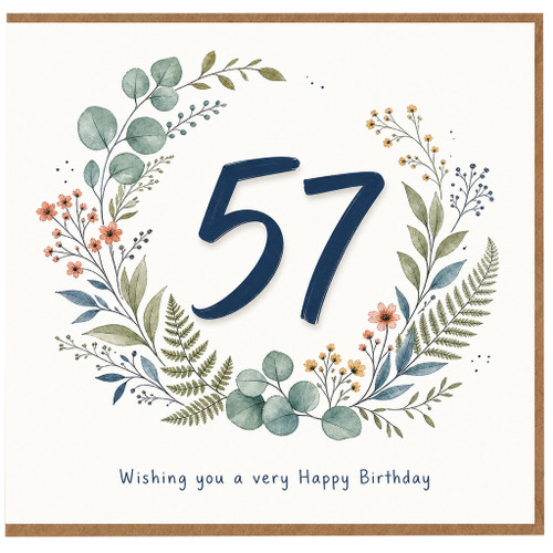 57th Birthday Card, Floral Wreath Happy Birthday Card