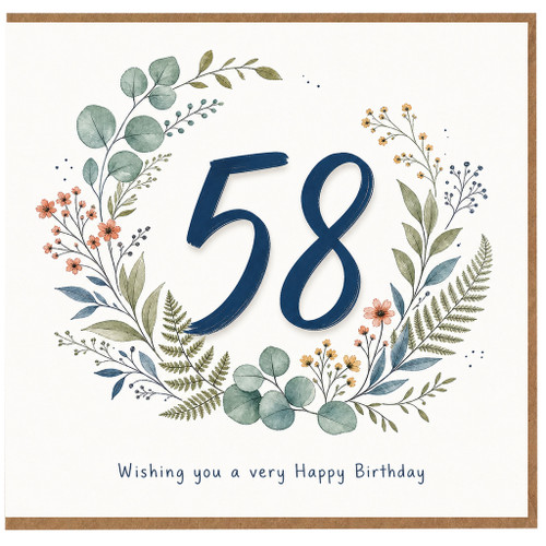 58th Birthday Card, Floral Wreath Happy Birthday Card