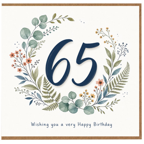 65th Birthday Card, Floral Wreath Happy Birthday Card