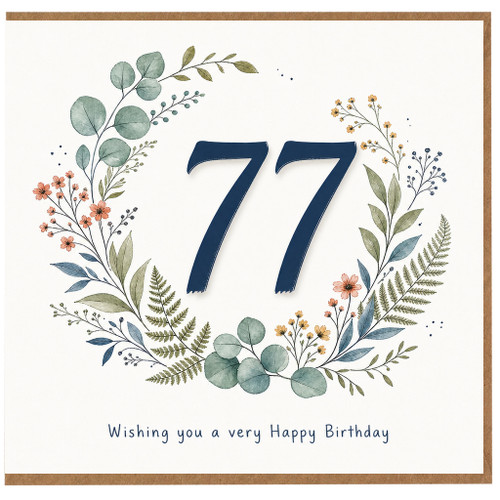 77th Birthday Card, Floral Wreath Happy Birthday Card
